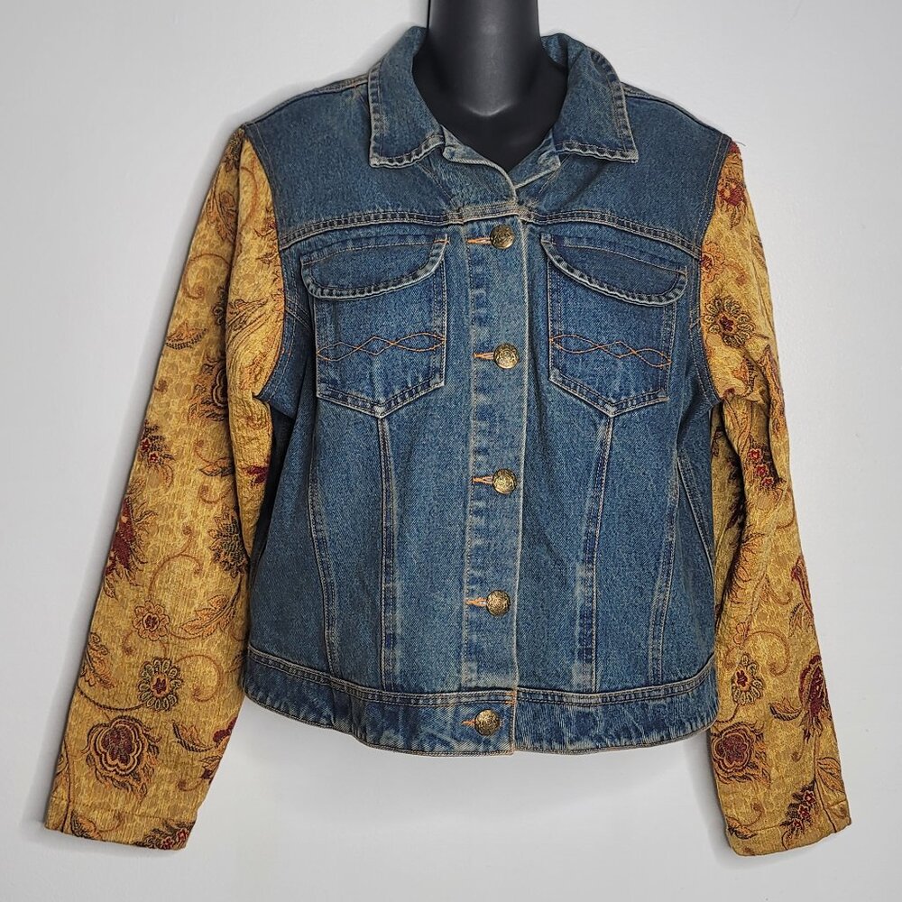 CAbi Womens Denim Jean Jacket Size‎ Large Floral Tapestry Sleeves USA Boho